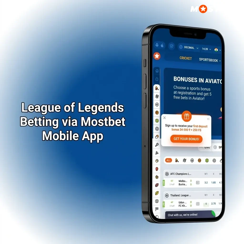 Mostbet mobile app open on League of Legends betting lobby showing esports markets and live match options