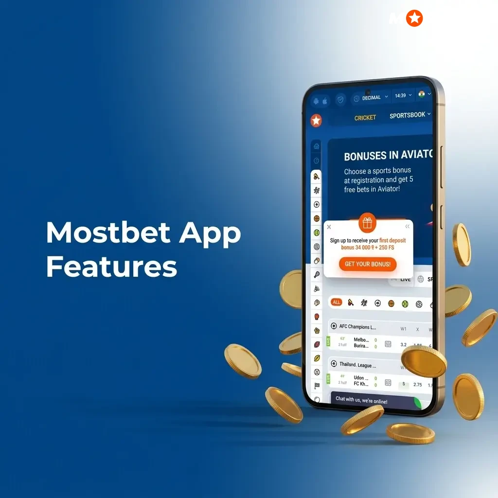 Mostbet app features including live betting, casino games, INR deposits, withdrawals, and user profile tools for Indian players