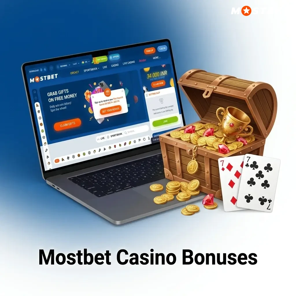 Mostbet Casino bonuses including welcome offer, free spins, reload bonus, and cashback promotions for Indian players